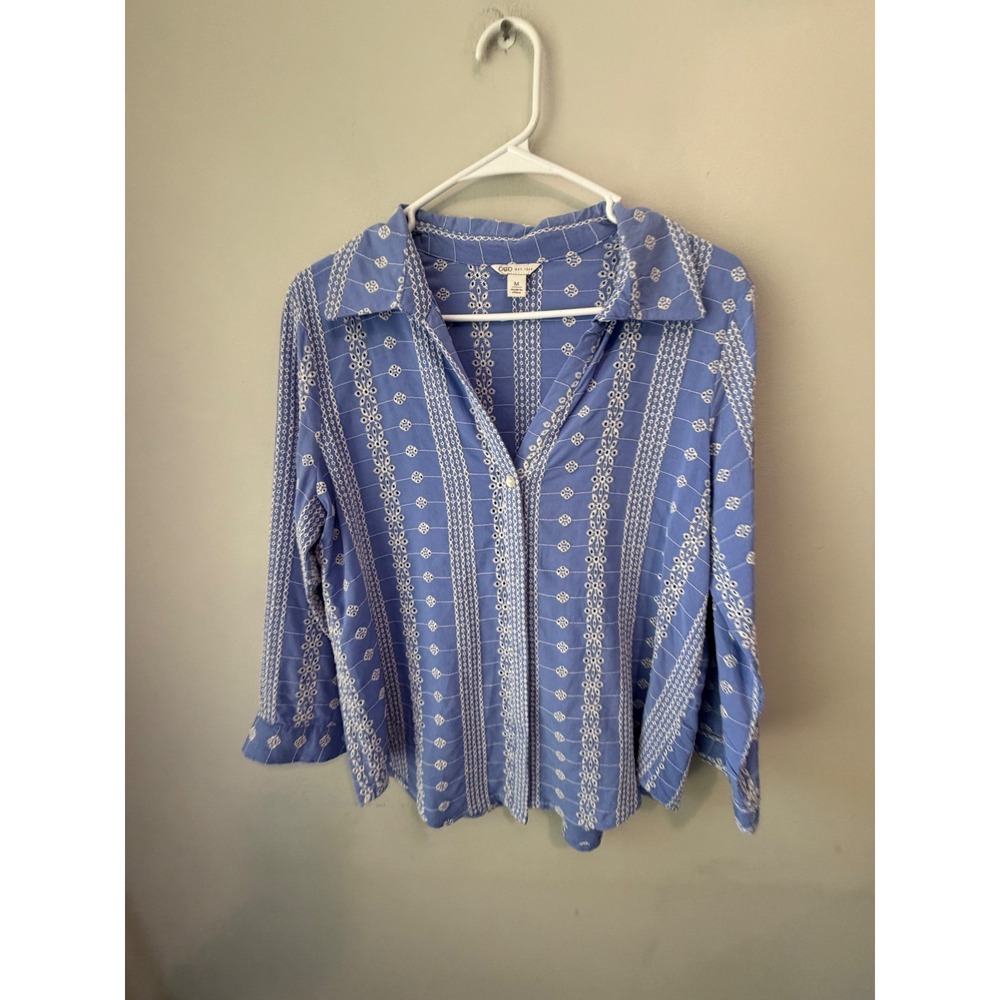 Cato Womens Blue White Eyelet Embroidered Button Down Blouse Top Size M